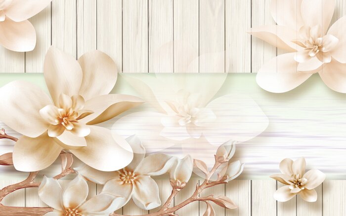 Poster Orchidee weiß vor dem Hintergrund heller Bretter