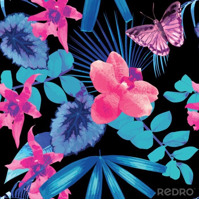 Poster Orchideen, Schmetterlinge und Palmblattmuster