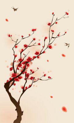 orientalischen Stil Malerei, Pflaume Blüte im Frühjahr