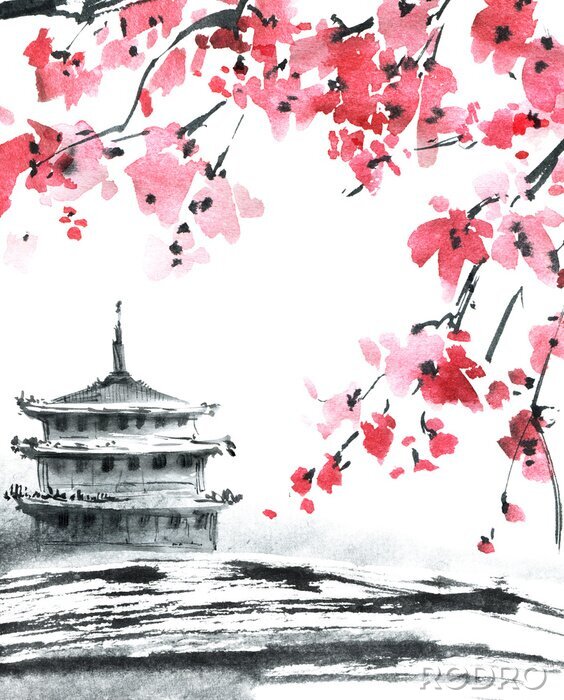 Poster Orientalischer Palast umgeben von Kirschblüten
