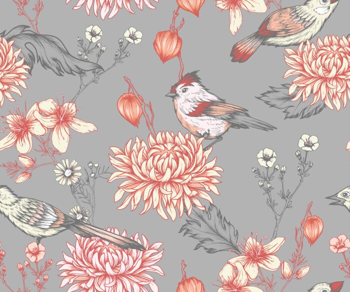 Poster Orientalischer Stil mit Blumen und Vögeln in Rottönen