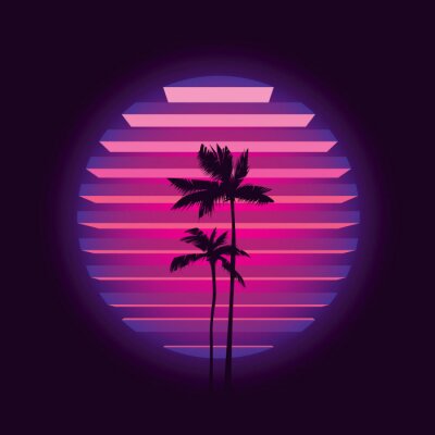 Original vector illustration in neon style. Palm trees on the background of a neon sunset in the retro style of the 80's. T-shirt design.