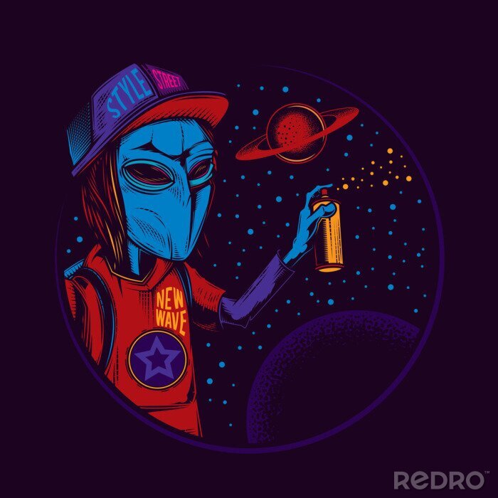 Poster Original vector illustration in vintage neon style. An alien in a cap draws graffiti on the background of space and planets. T-shirt design