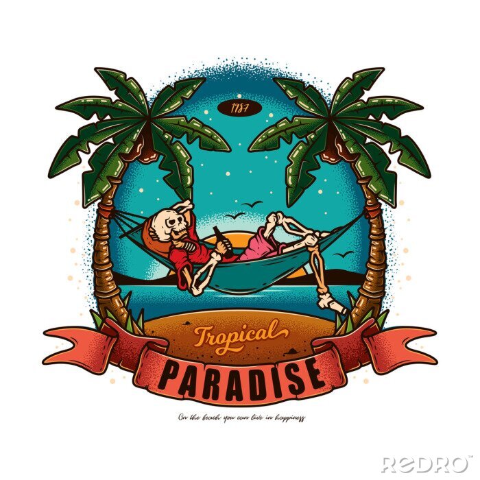 Poster Original vector illustration in vintage style. Skeleton lying in a hammock with a bottle of beer in his hands, against the palm trees, the sea.