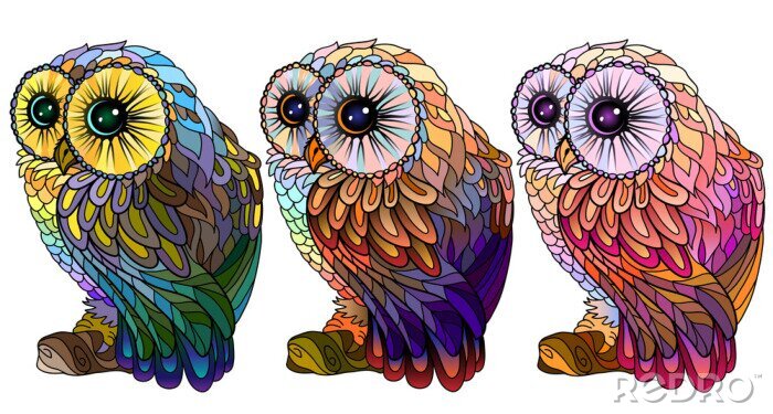 Poster Owl. Wall sticker. Set of 3 artistic, hand-drawn, decorative multicolored owls on a white background.