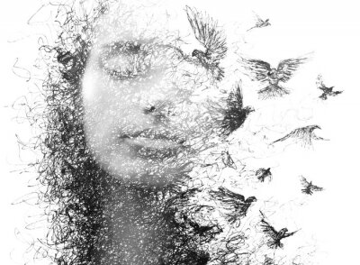 Paintography. Double Exposure portrait of an elegant woman with closed eyes combined with hand made pencil drawing of a flock of birds flying freely resembling disintegrating particles of her being