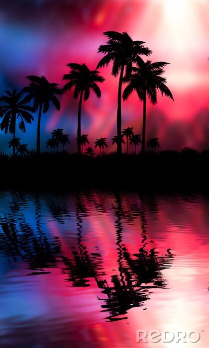 Poster Palmen auf rosa Hintergrund am Wasser