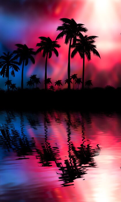 Poster Palmen auf rosa Hintergrund am Wasser