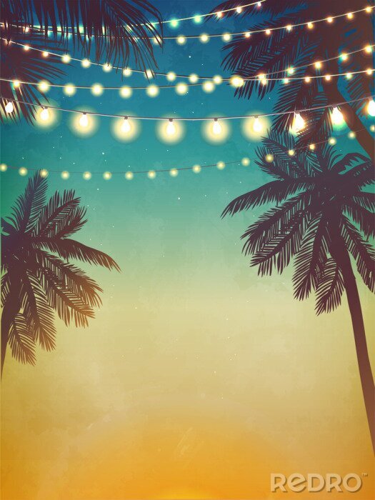 Poster Palmen mit Laternen unter dem Nachthimmel