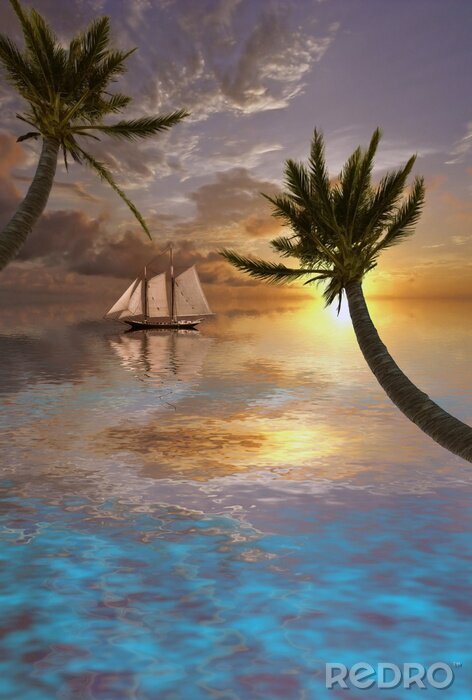 Poster Palmen Sonnenuntergang und Schiff