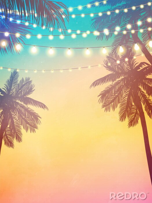 Poster Palmen und Lampen bei Sonnenuntergang