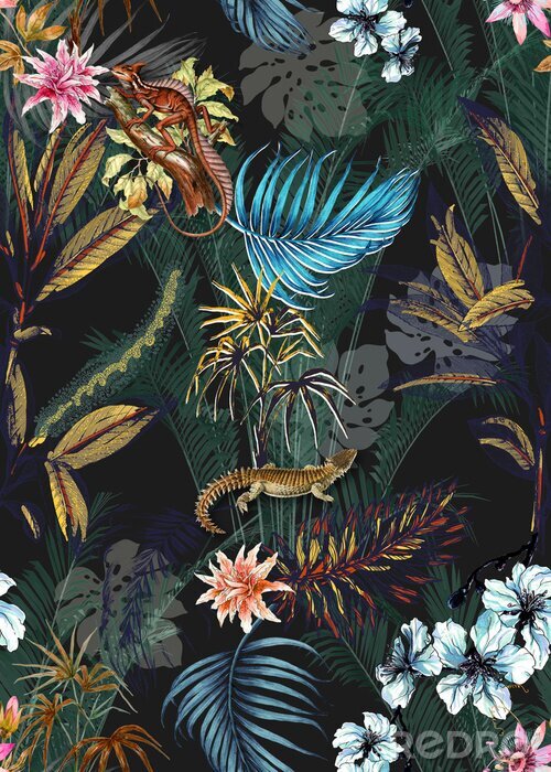 Poster Palmenblätter Monstera und exotische Tiere