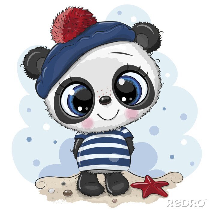 Poster Panda mit großen blauen Augen und Baskenmütze