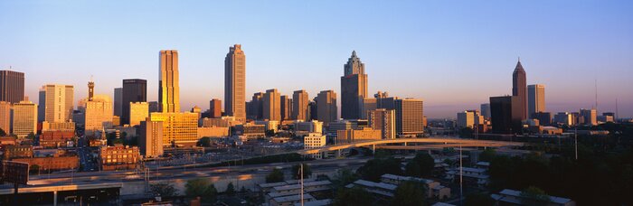 Poster Panorama der Stadt und Sonnenuntergang