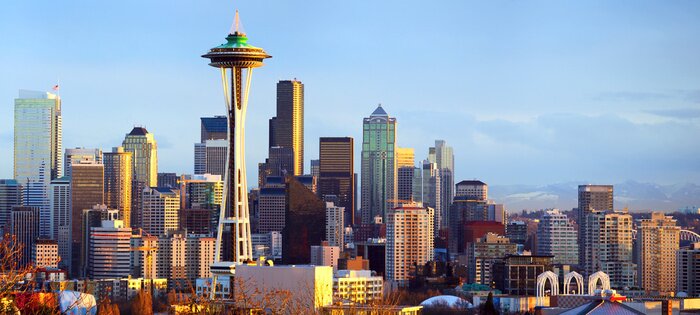 Poster Panorama Seattle und Sonnenuntergang