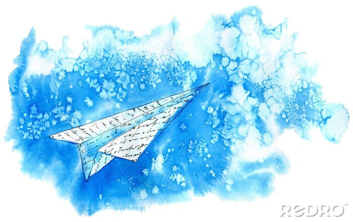 Poster Papier Flugzeug im Himmel. Zusammenfassung image.Watercolor Hand gezeichnet Illustration.