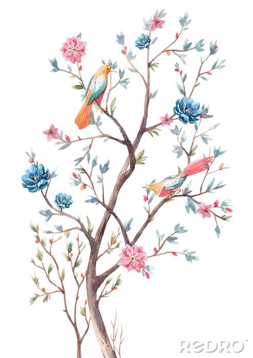Poster Paradiesbaum mit Blumen und Vogel