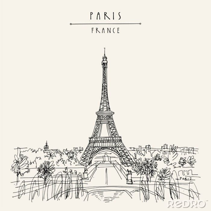 Poster  Paris, France, Europe. Eiffel Tower. Artistic hand drawing in retro style. European travel sketch. Vintage hand drawn touristic postcard, poster or book illustration in vector