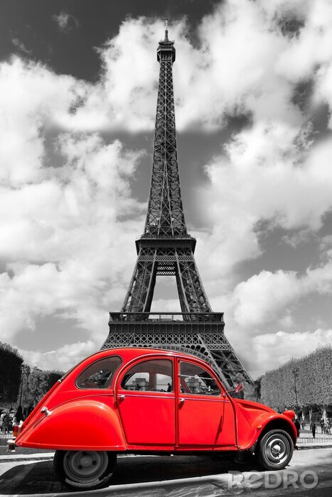 Poster Paris schwarz-weißer Eiffelturm und VW Käfer