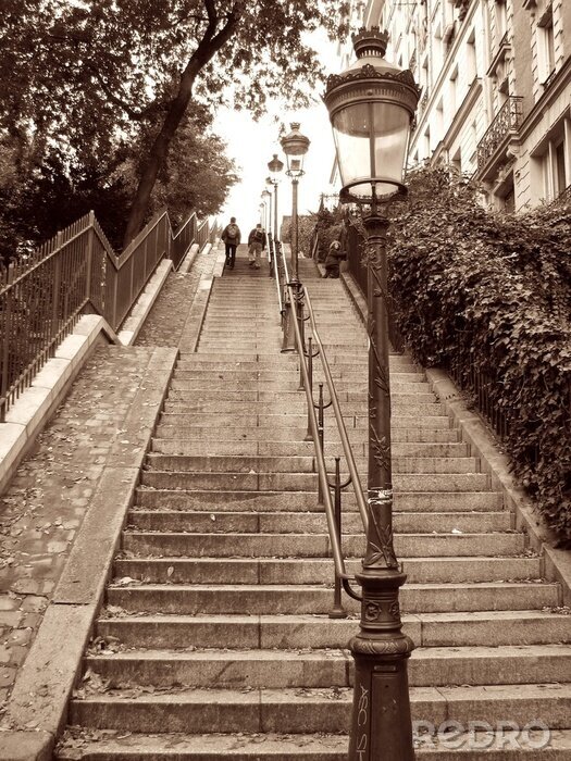 Poster Pariser Gasse mit Treppe in Sepia