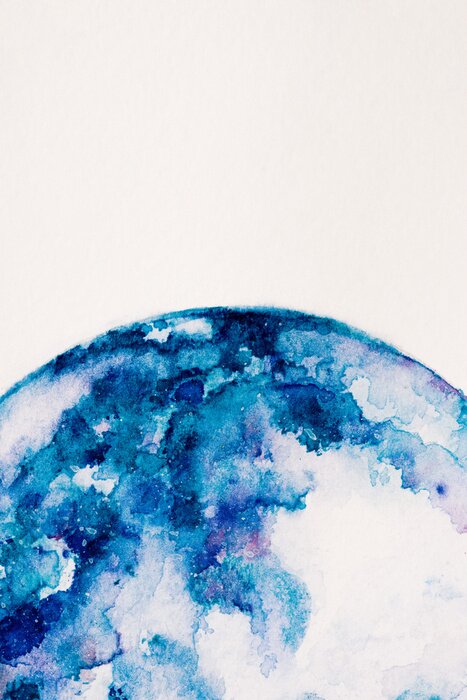 Poster Partial view of planet made of blue watercolor paint on white background