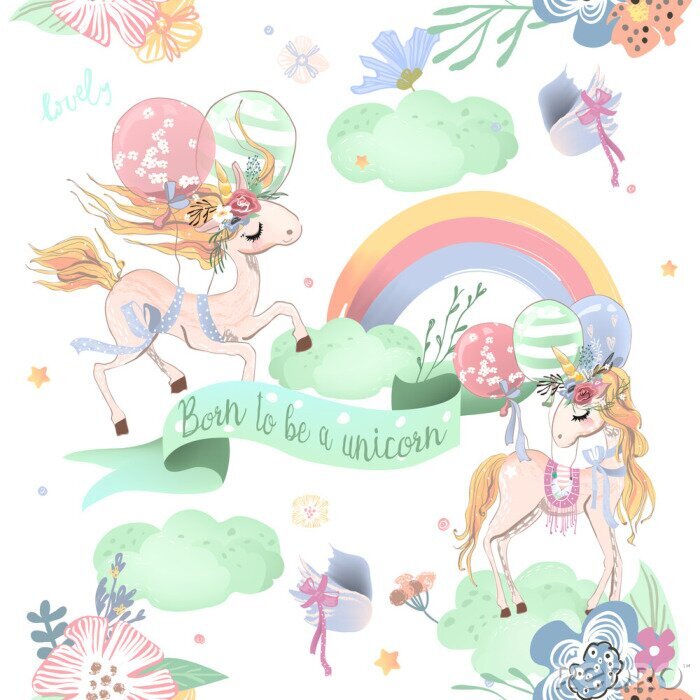 Poster Pastell Einhörner mit Regenbogen und Wolken