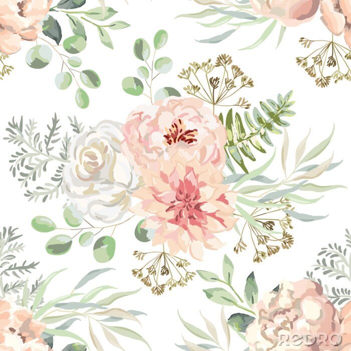 Poster Pastell-Pfingstrosen und Rosen Aquarellzeichnung