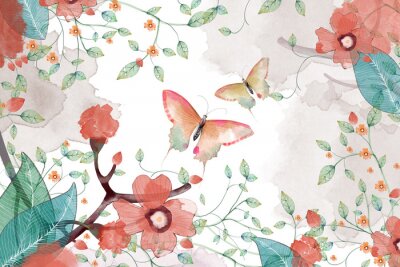Poster Pastellfarbene Schmetterlinge und rote Blumen