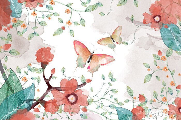 Poster Pastellfarbene Schmetterlinge und rote Blumen
