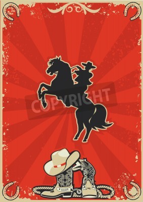 Poster Pferd und Cowboy auf rotem Hintergrund