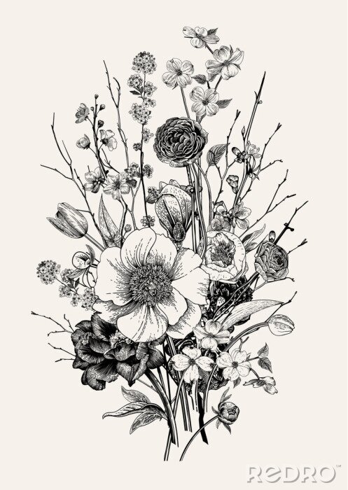 Poster Pflanzen Blumenstrauß Retro-Illustration