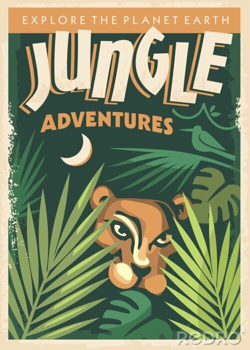 Poster Pflanzen Dschungel Illustration mit einem Löwen