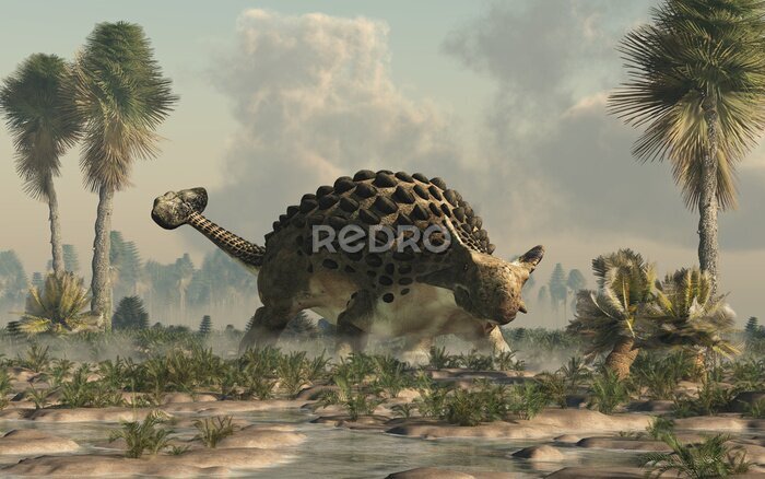 Poster Pflanzenfressender gepanzerter Dinosaurier auf einer wässrigen Ebene