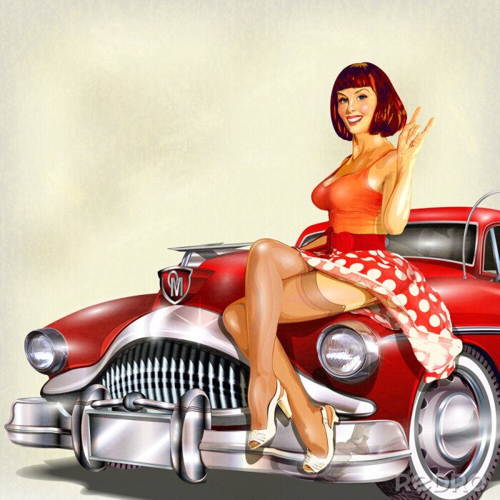 Poster Pin-up girl and retro car isolated on white background