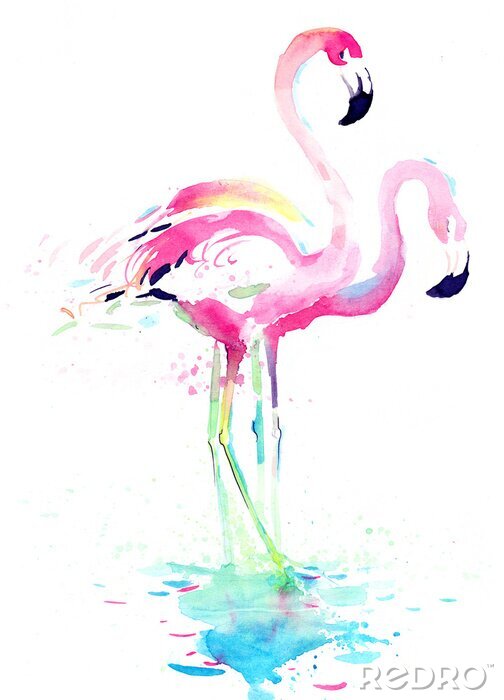 Poster Pink Flamingos in Aquarell