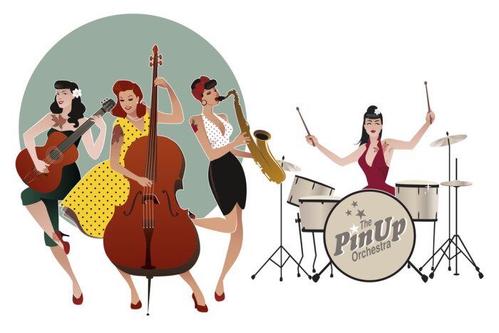 Poster PinUp Mädchen Band. Vier schöne und tätowierte Pinup Mädchen spielen Musik. Vektor-Illustration