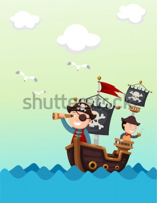 Poster Piraten auf See schauen durch ein Teleskop
