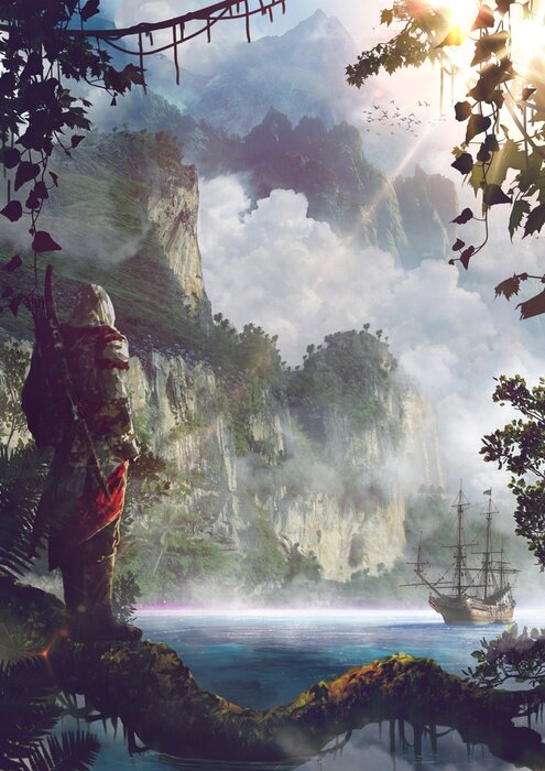 Poster Piratenschiff auf dem Hintergrund der Landschaft