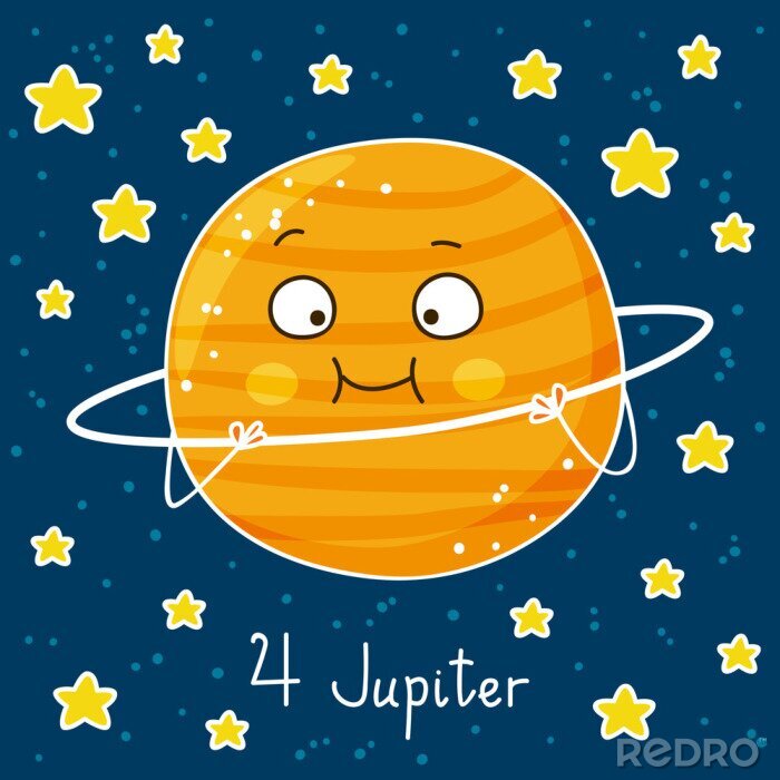 Poster Planet Jupiter für Kinder mit seinem Ring in der Hand