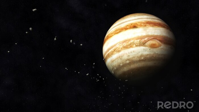 Poster Planet Jupiter und driftende Asteroiden