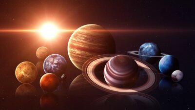 Planeten des Sonnensystems und Sonne im Hintergrund