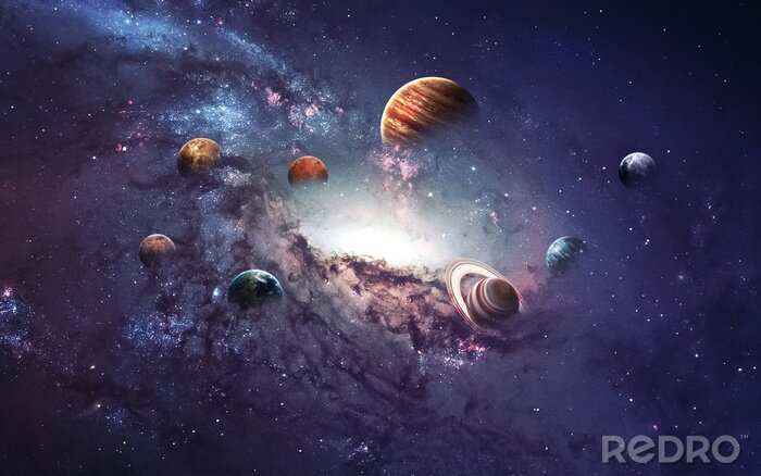 Poster Planeten und eine Galaxie vor Sternen und violettem Himmel