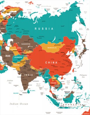 Poster Politische Karte Asiens in kontrastierenden Farben