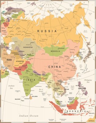 Poster Politische Karte von Asien in warmen Farben
