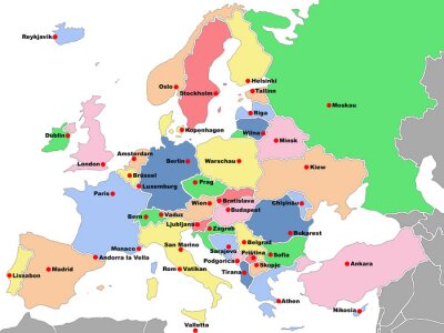 Poster Politische Karte von Europa mit unterzeichneten Hauptstädten