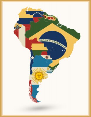 Poster Politische Karte von Südamerika mit Flaggen