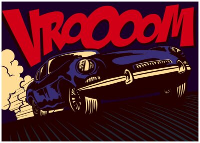Poster Pop-Art-Comic-Stil schnelle Sportwagen fahren mit voller Geschwindigkeit mit Vrooom onomatopoeia Vektor-Illustration Poster-Design