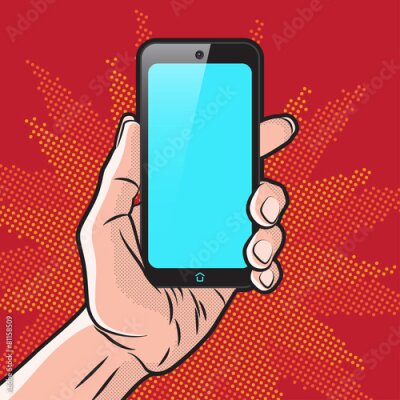 Poster Pop-Art-Grafik mit einer Hand, die ein Smartphone hält, vor rotem Hintergrund