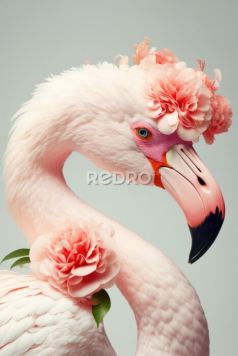 Poster Porträt eines Flamingos mit Blumen