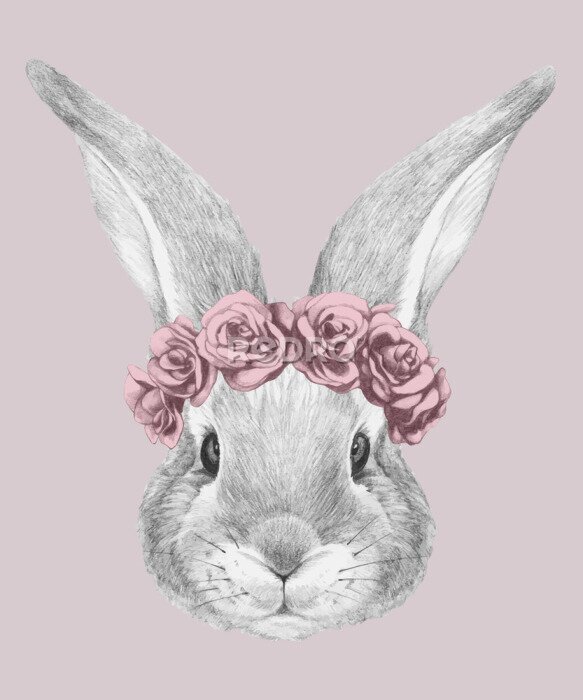 Poster Porträt eines Kaninchens mit Blumenkranz auf rosa Hintergrund